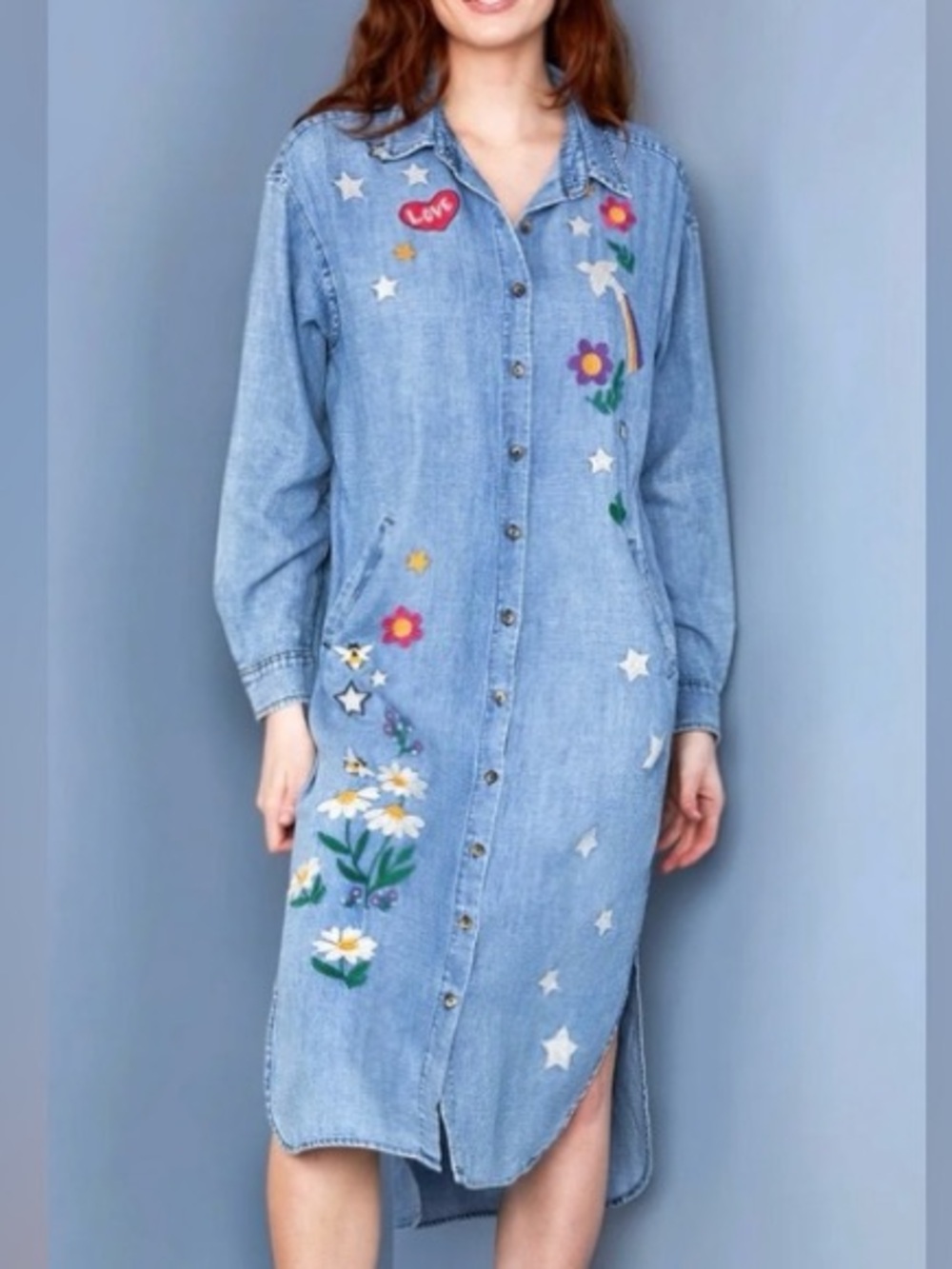 Billy T Embroidered Light Blue Chambray Denim Midi Shirt Dress